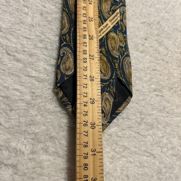 Ermenegildo Zegna Gold Black Paisley Print Silk Linen Necktie - Picture 7 of 7